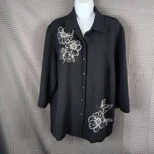 Koret Womens Black Floral Embroidered Beaded Button Front Blouse 3/4 Sleeve L